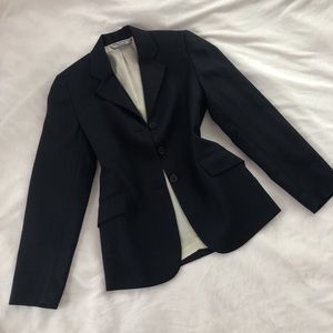Navy blue full length blazer with faint pinstripes